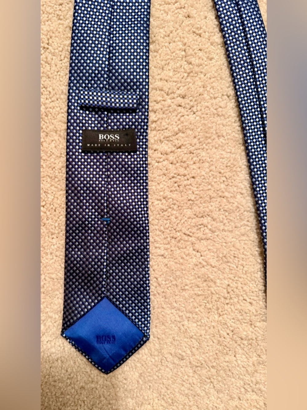 BOSS Italy Blue-Black-White Jacquard-Woven Geometric 100% Silk Men’s Necktie - Picture 6 of 11